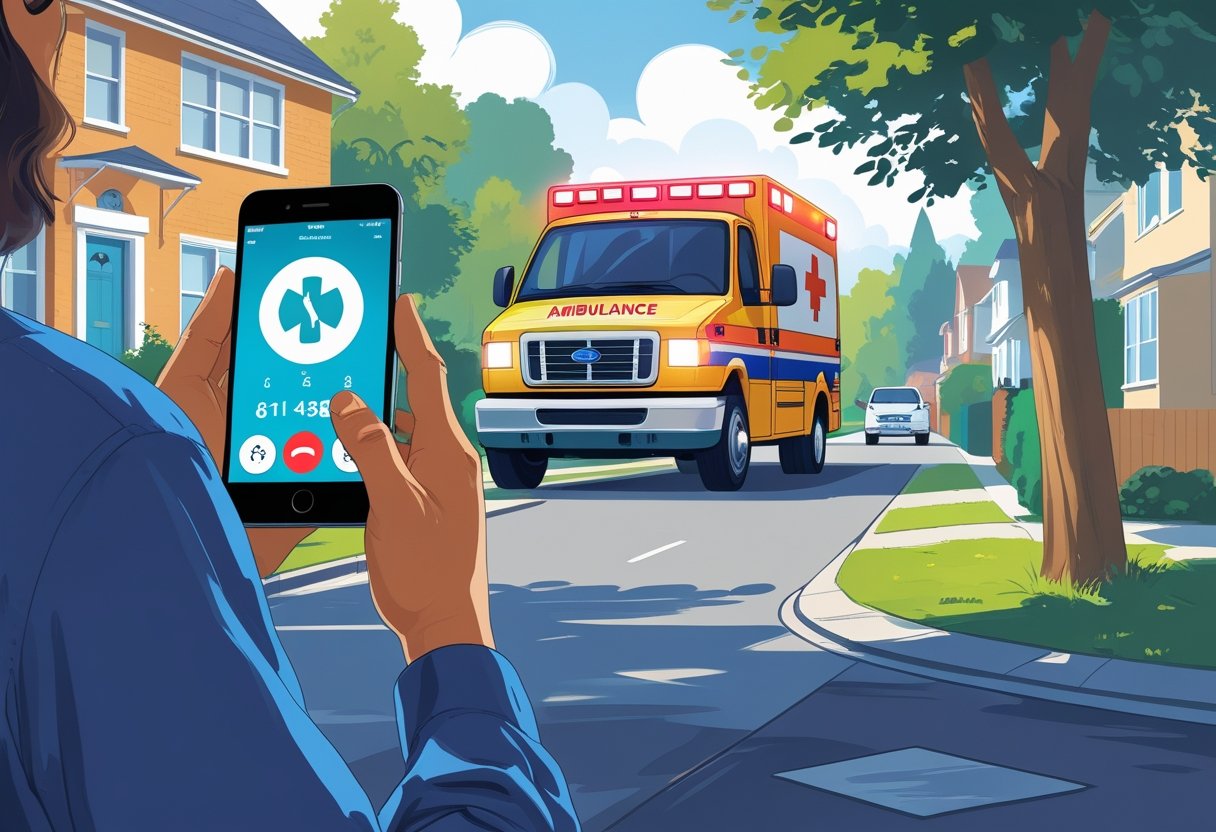 Pessoa usando um celular para chamar uma ambulância que chega em uma rua residencial com casas e árvores.