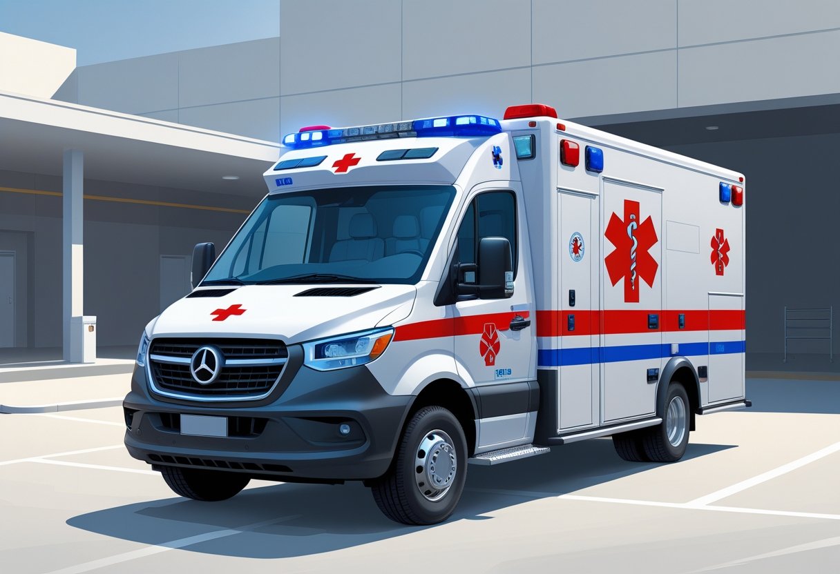 Uma ambulância Tipo C branca com detalhes vermelhos e azuis estacionada em um ambiente urbano, mostrando suas luzes de emergência e compartimentos de equipamentos.