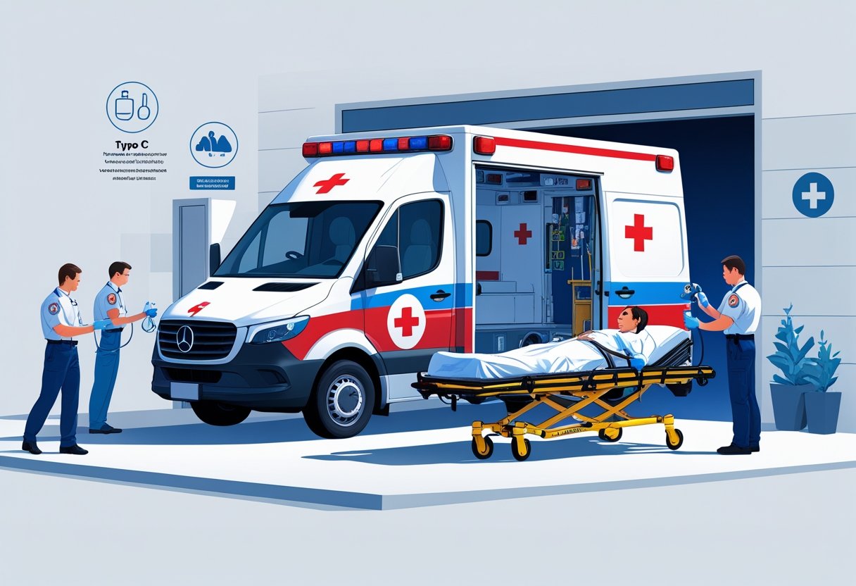 Ambulância Tipo C estacionada em frente a um hospital, com profissionais de saúde atendendo um paciente em uma maca, realizando procedimentos médicos de emergência.