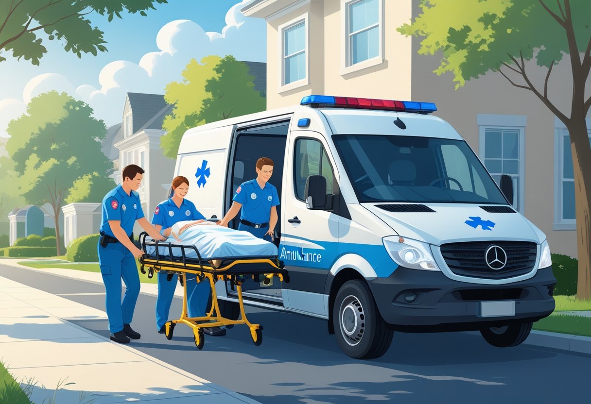 Ambulância estacionada em frente a uma casa, com paramédicos ajudando um paciente em uma maca a entrar no veículo.