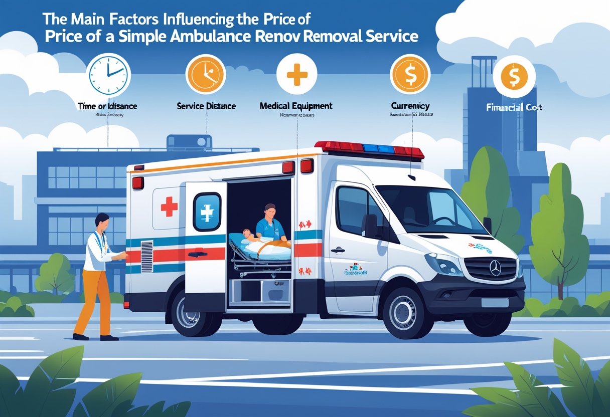 Ambulância estacionada em frente a um hospital, com um profissional de saúde ajudando um paciente em uma maca, cercados por ícones que representam fatores que influenciam o preço do serviço.