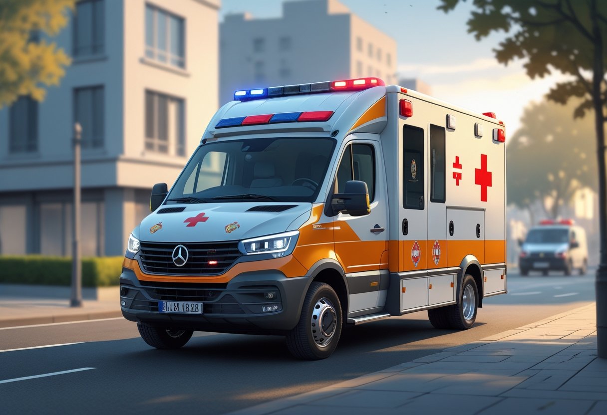 Uma ambulância Tipo E moderna estacionada em uma rua da cidade durante o dia.
