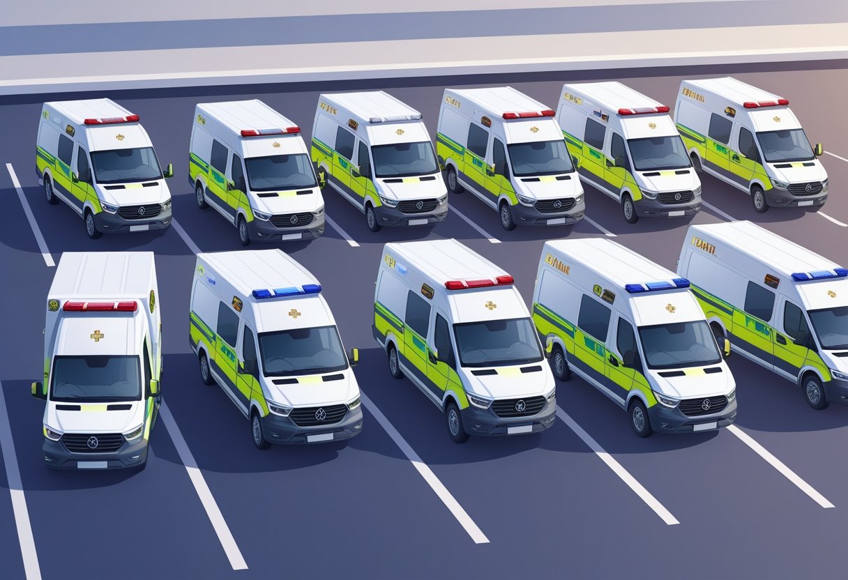 Vários tipos de ambulâncias alinhadas, cada uma com design diferente, em um estacionamento de hospital.
