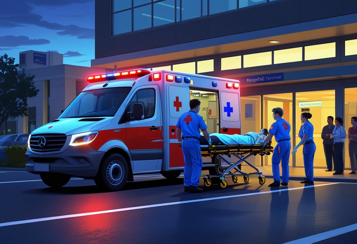 Ambulância com paramédicos atendendo um paciente em uma rua da cidade próximo à entrada de um hospital.