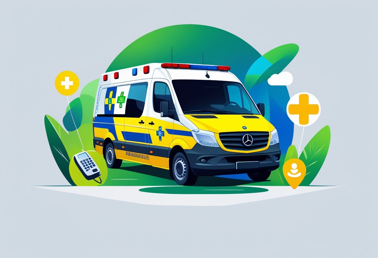 Ilustração de uma ambulância com elementos visuais relacionados a serviços de emergência no Brasil, incluindo ícones de telefone, localização e cruz médica.