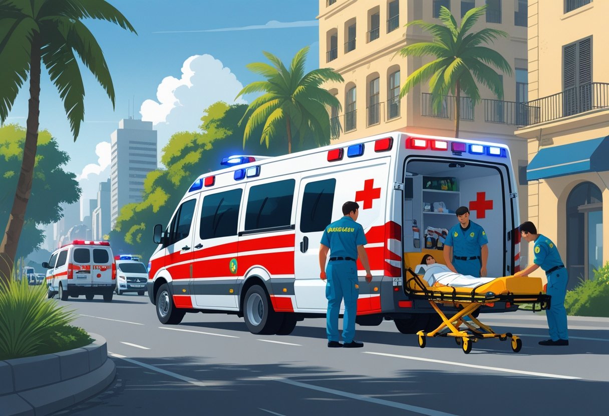 Uma ambulância com paramédicos atendendo um paciente em uma rua da cidade no Brasil.