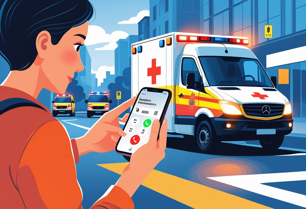 Pessoa usando um smartphone para chamar uma ambulância, com uma ambulância chegando rapidamente ao fundo em uma rua urbana.