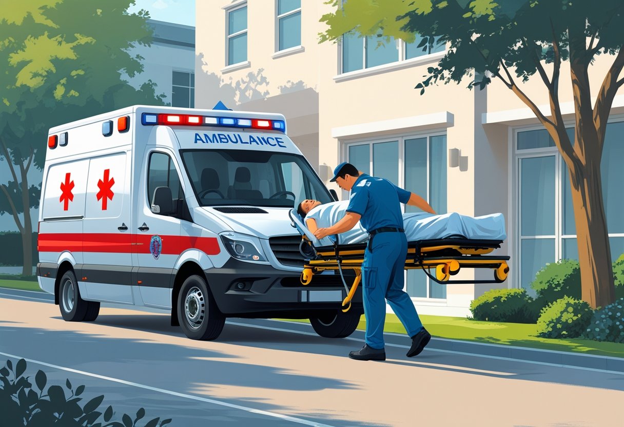 Uma ambulância particular estacionada com um paramédico ajudando um paciente em uma maca, em um ambiente urbano tranquilo.