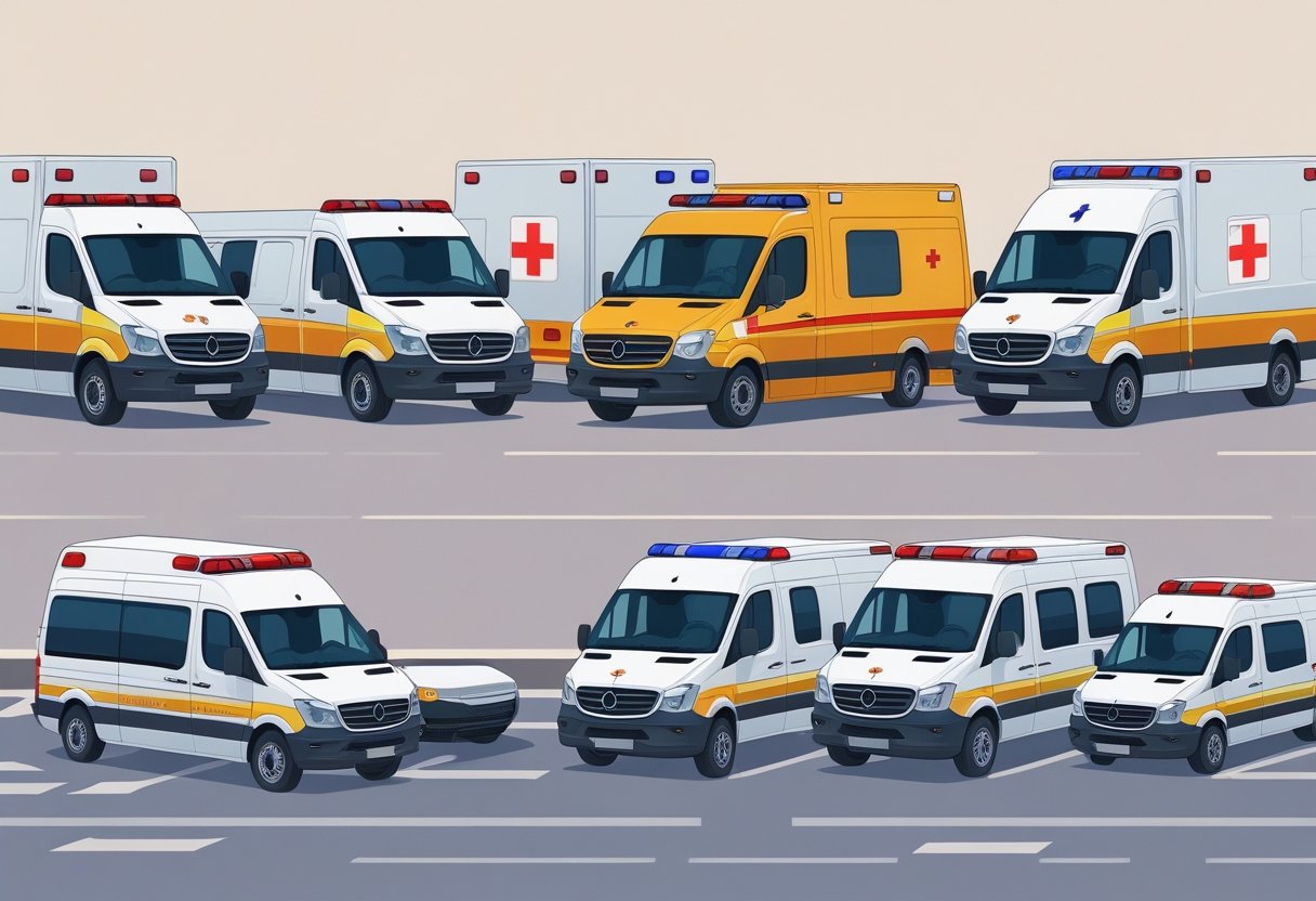 Vários tipos de ambulâncias particulares estacionadas lado a lado em um ambiente hospitalar, mostrando diferentes modelos usados para transporte de pacientes.