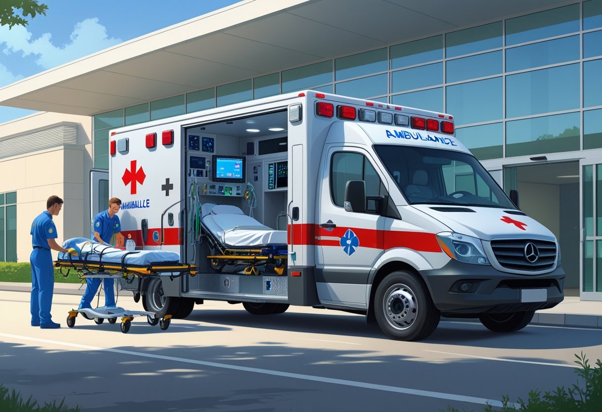 Uma ambulância UTI móvel completa estacionada em frente a um hospital, com paramédicos preparando equipamentos médicos e um paciente sendo colocado em uma maca dentro da ambulância.