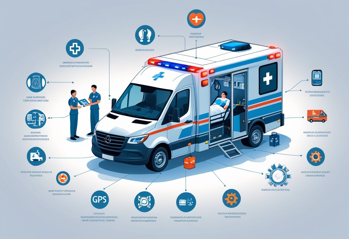 Uma ambulância UTI móvel completa cercada por ícones que representam equipamentos médicos avançados, equipe médica atendendo um paciente, dispositivos de comunicação, especificações do veículo, recursos de segurança e manutenção.