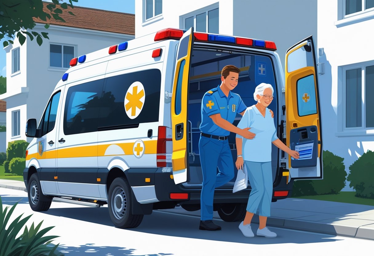 Uma ambulância moderna estacionada em frente a um prédio residencial, com um paramédico ajudando uma pessoa idosa a entrar na ambulância.