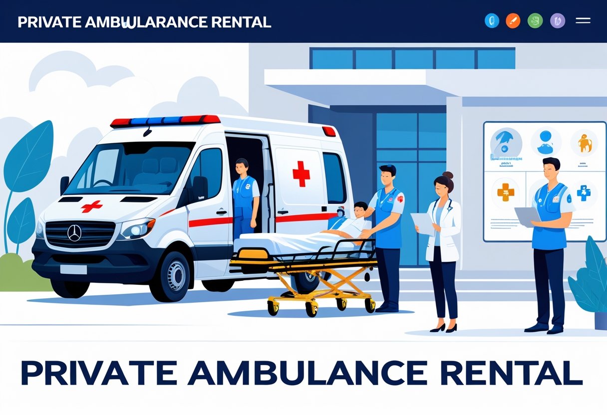 Uma ambulância estacionada em frente a um hospital, com um paramédico ajudando um paciente em uma maca, enquanto um atendente explica opções de aluguel para uma família próxima.