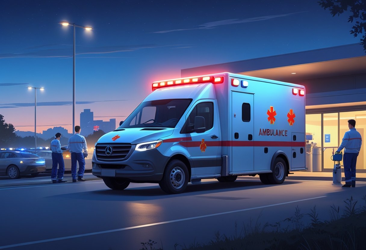 Uma ambulância moderna estacionada em frente a um hospital ao anoitecer, com profissionais de saúde preparando equipamentos ao lado.