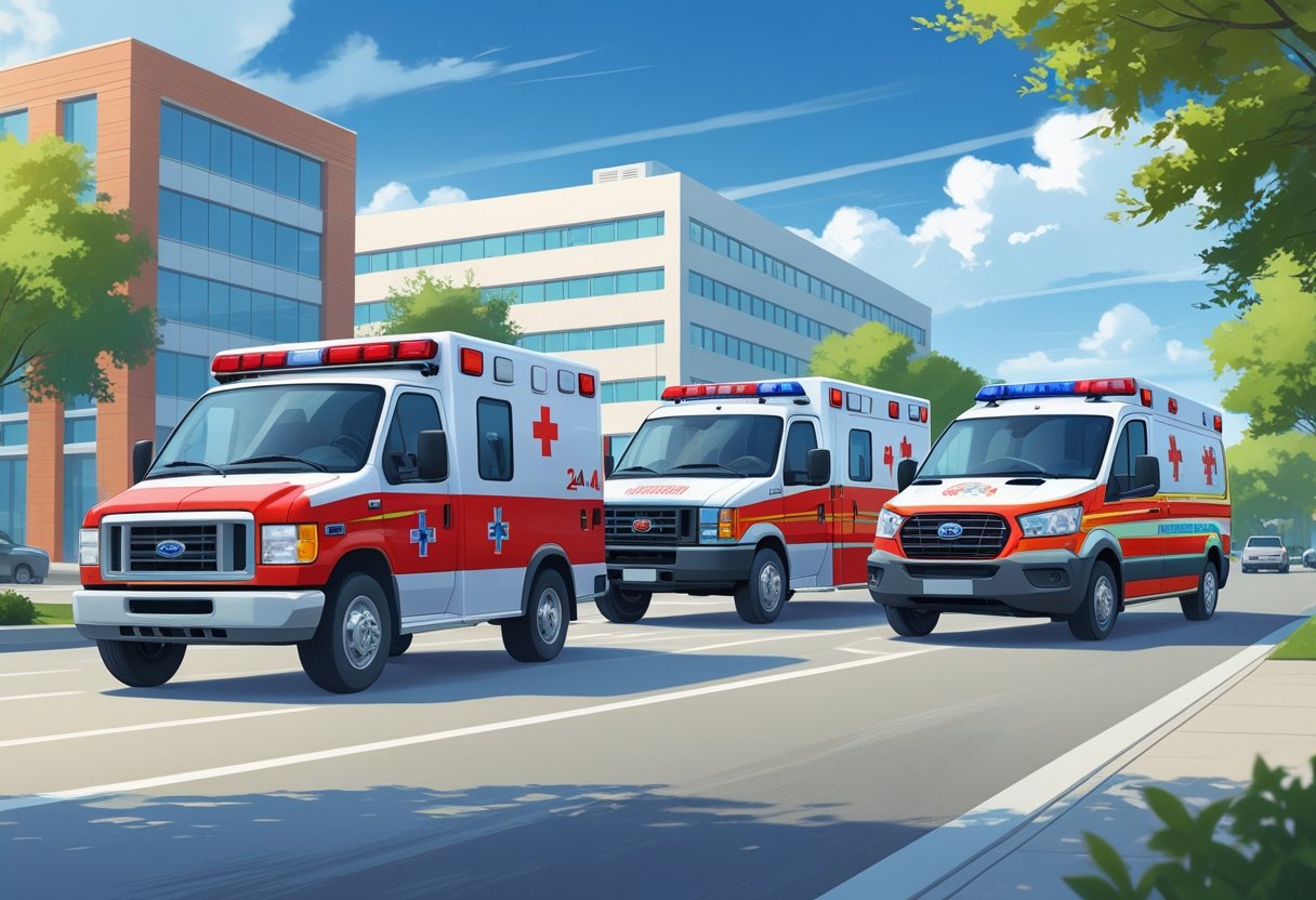 Vários tipos de ambulâncias em uma rua próxima a um hospital, prontas para atendimento de emergência a qualquer hora.