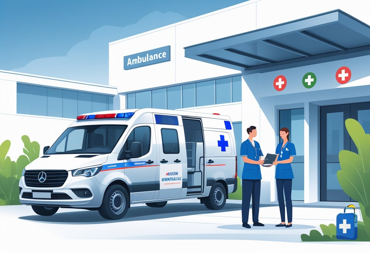 Uma ambulância moderna estacionada em frente a um hospital, com um profissional de saúde entregando chaves e documentos a um cliente, representando o aluguel de ambulância.