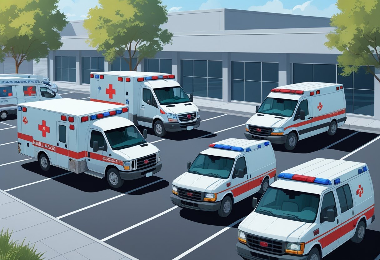 Vários tipos de ambulâncias estacionadas em uma área externa, mostrando diferentes modelos disponíveis para aluguel.