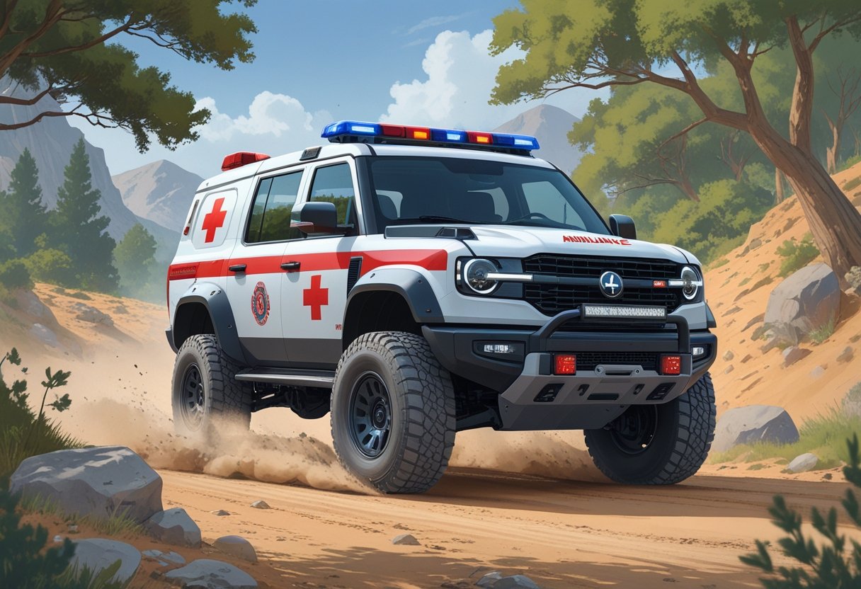 Uma ambulância 4x4 em movimento em uma estrada de terra cercada por árvores e terreno irregular.