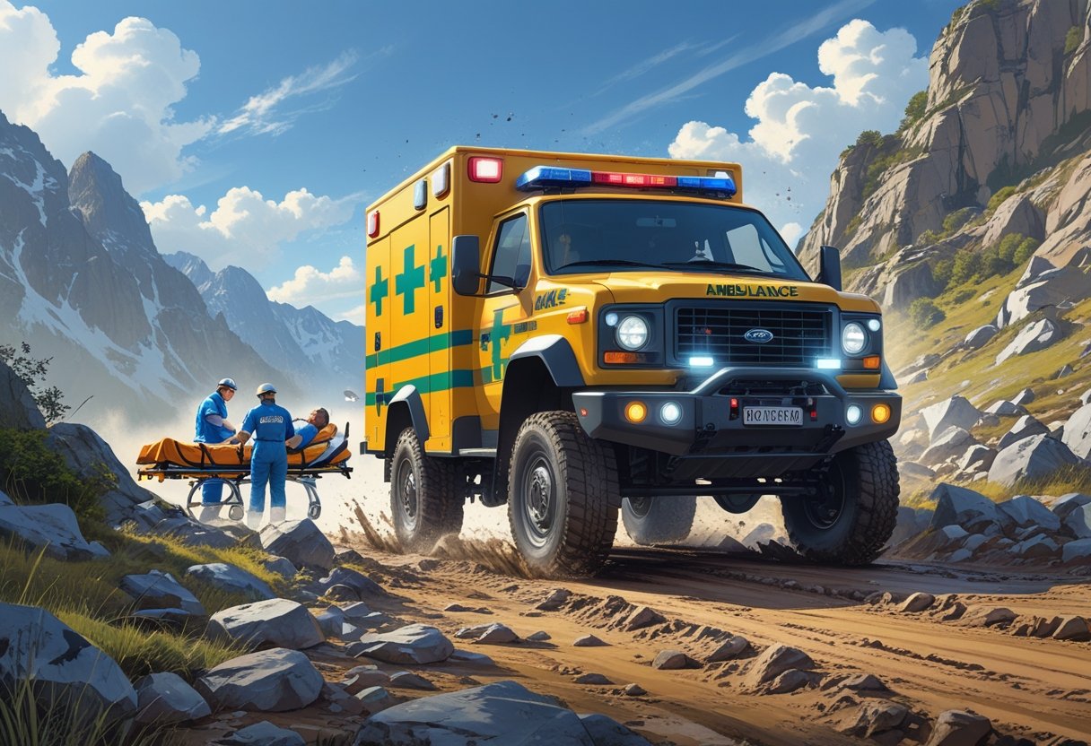 Ambulância 4x4 em terreno acidentado com paramédico atendendo paciente próximo ao veículo.