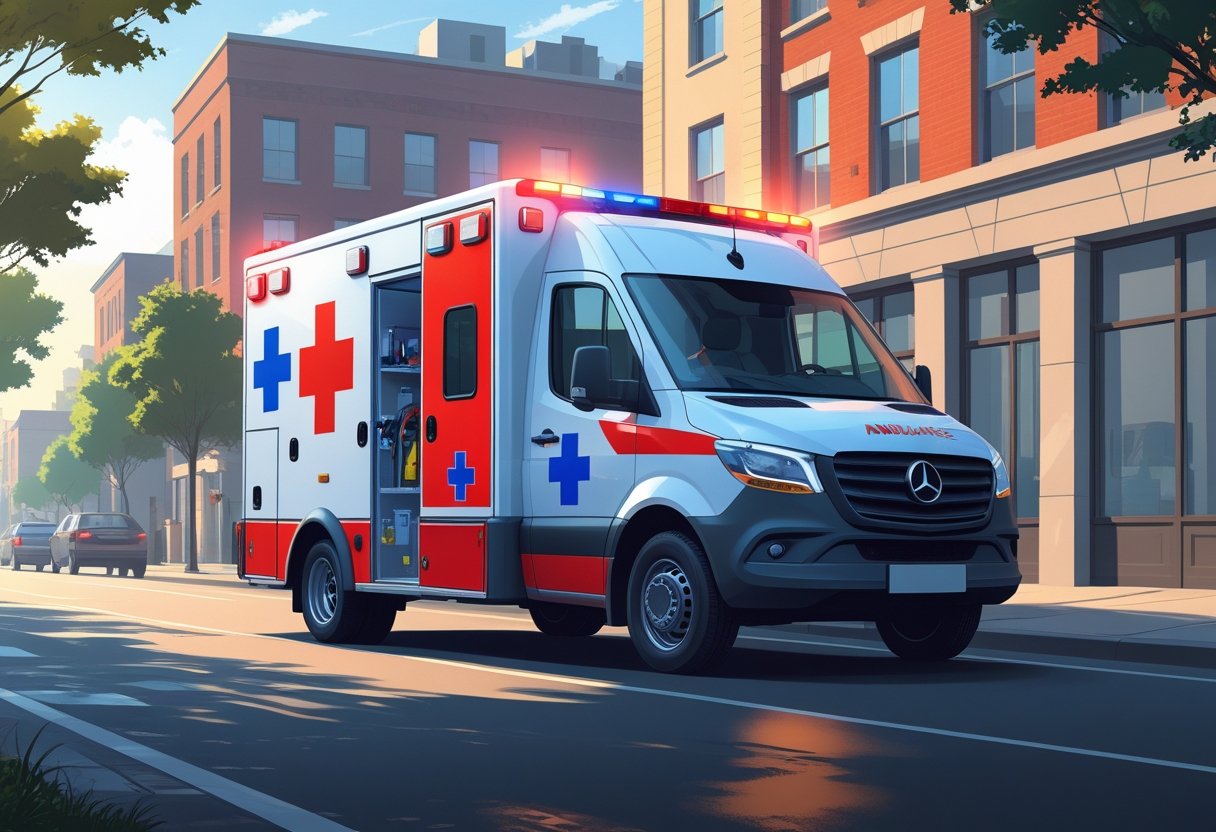 Uma ambulância de resgate moderna estacionada em uma rua da cidade durante o dia.