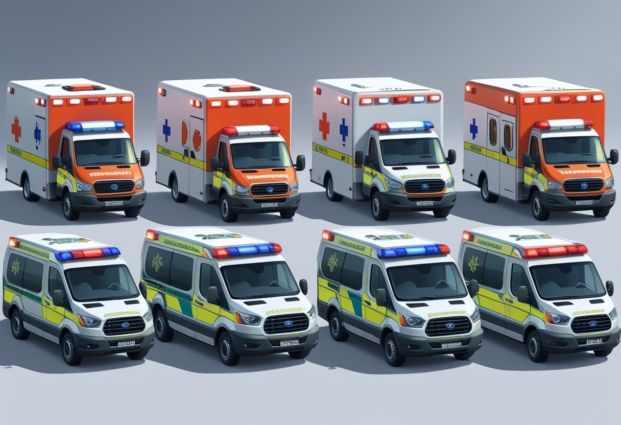 Vários tipos de ambulâncias de resgate alinhadas lado a lado, mostrando diferentes modelos e equipamentos médicos.