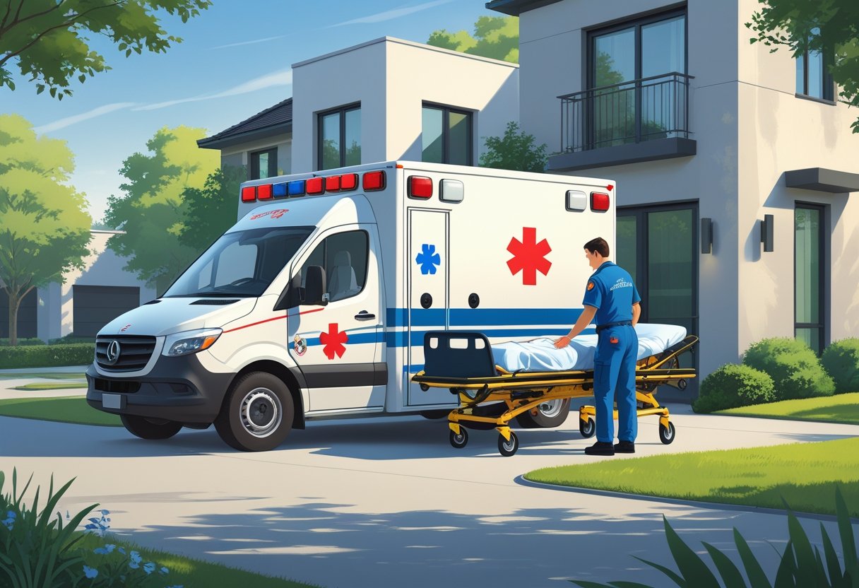 Ambulância particular estacionada em frente a uma casa, com um paramédico ajudando um paciente idoso em uma maca a entrar no veículo.