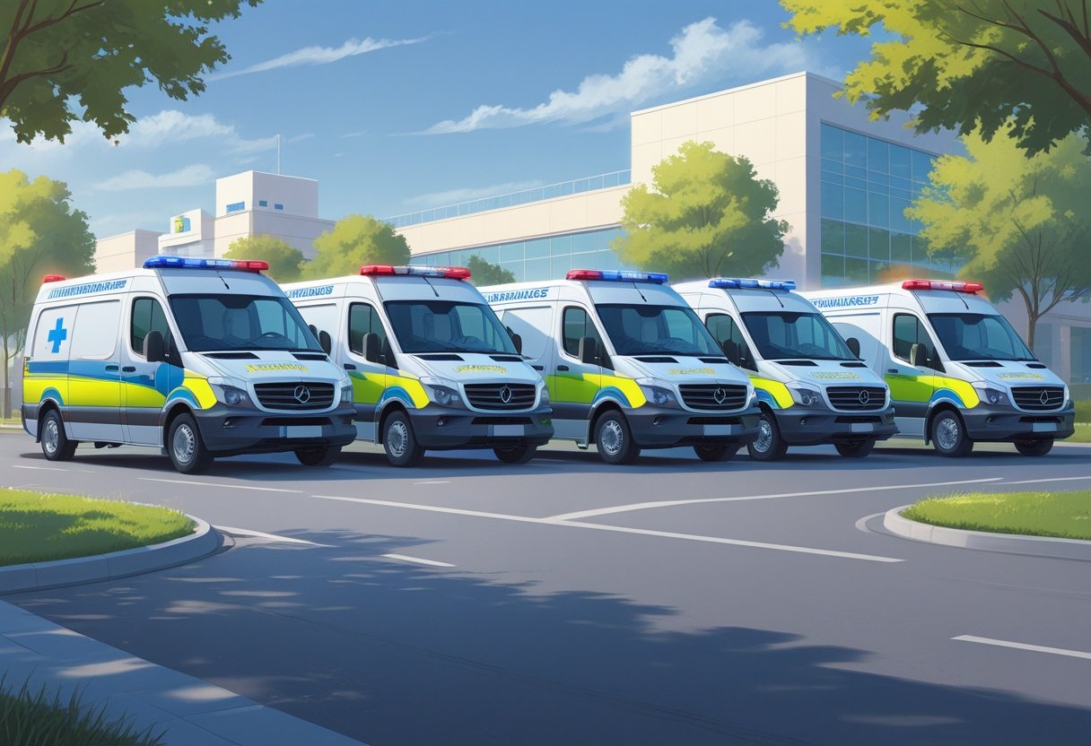 Vários tipos de ambulâncias estacionadas lado a lado em uma rua urbana, mostrando diferentes modelos usados para remoção particular de pacientes.