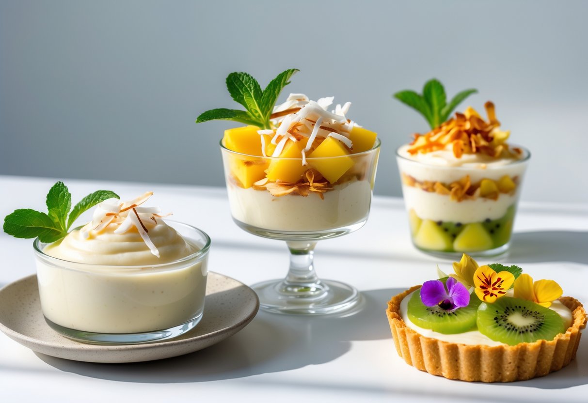 Three different servings of coconut pudding displayed on a white surface, including a bowl with coconut shavings, a layered fruit dessert cup, and a coconut pudding tart with kiwi slices.