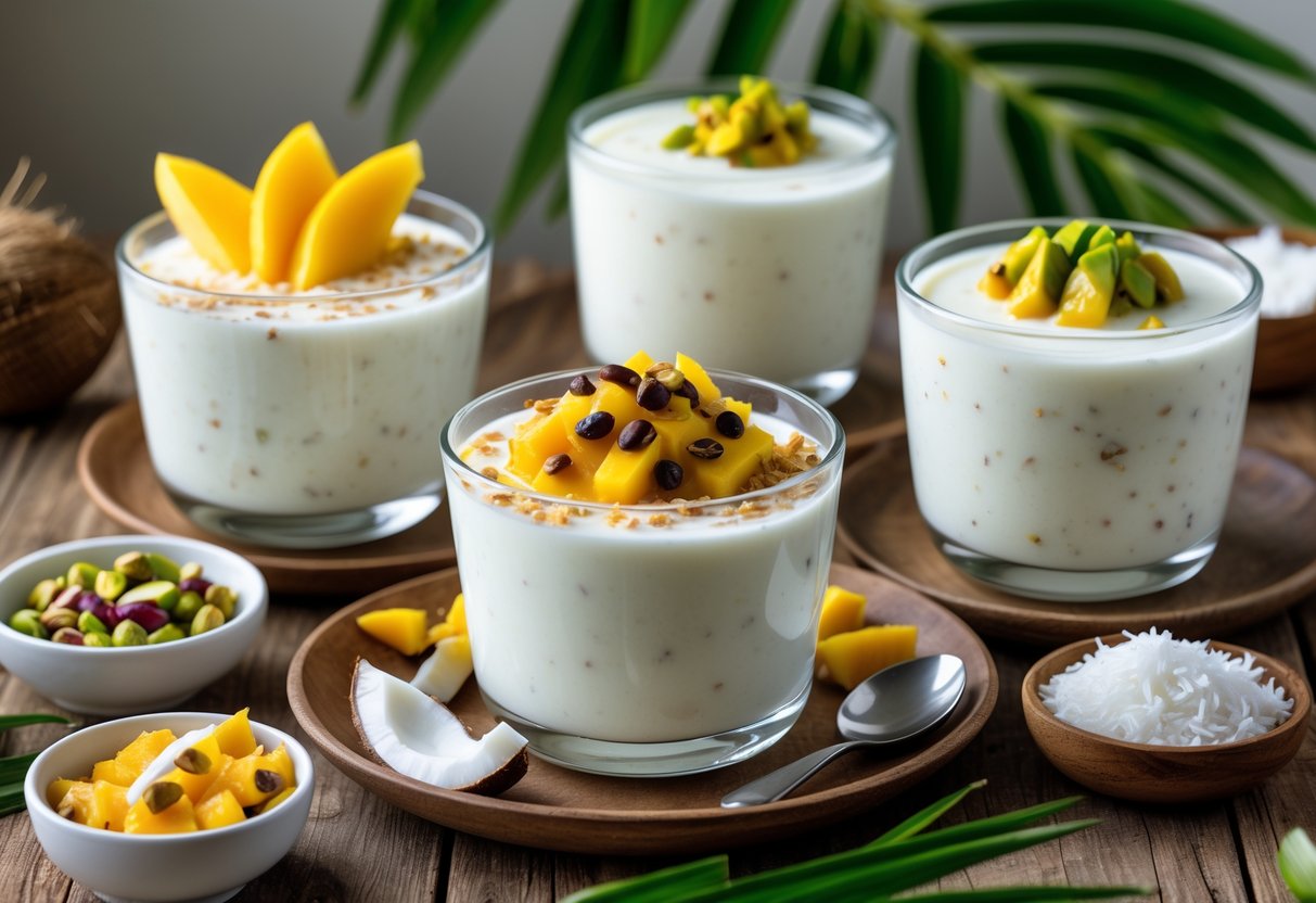 Three bowls of coconut pudding with different fruit and nut toppings on a wooden table surrounded by tropical ingredients.