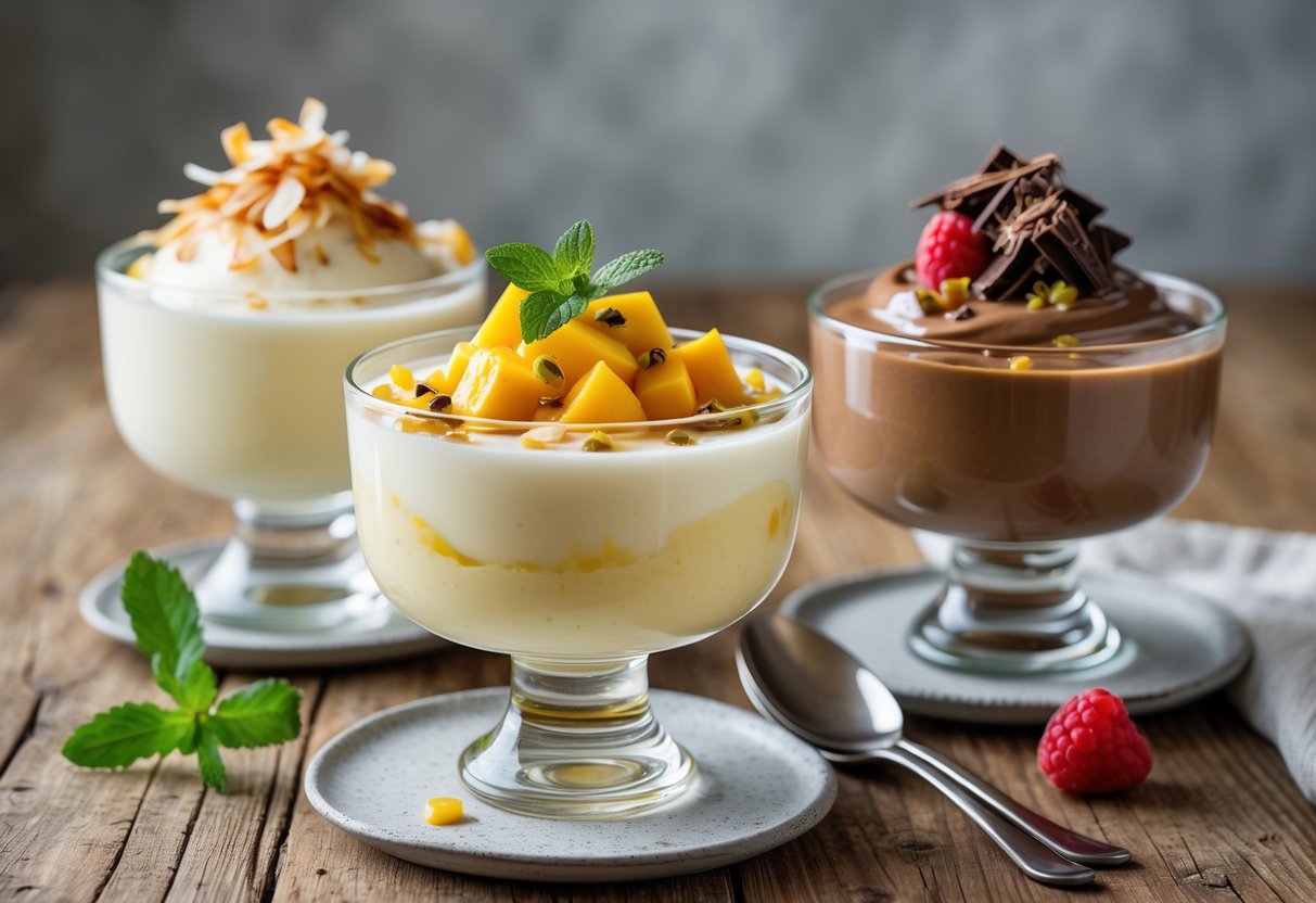 Three bowls of coconut pudding with different toppings including toasted coconut, mango pieces, and chocolate shavings on a wooden table.