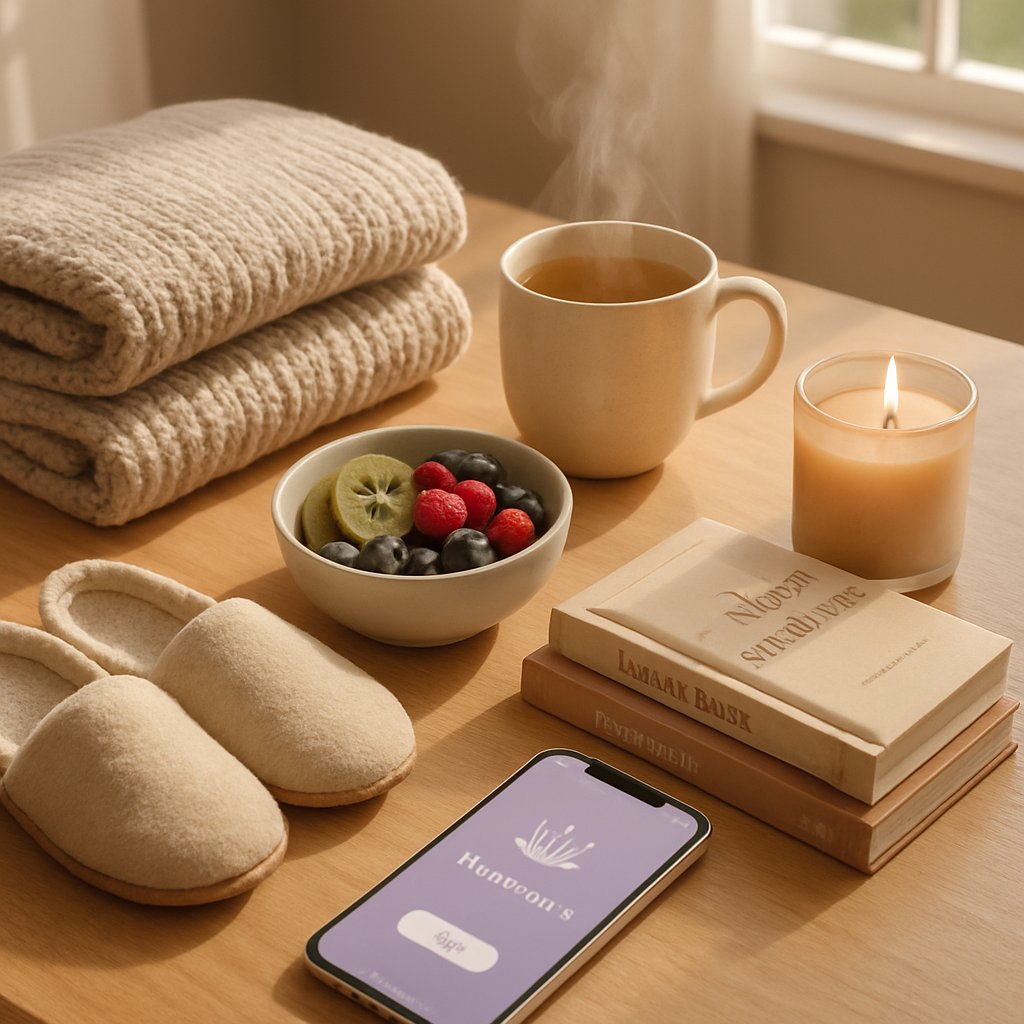 A peaceful arrangement of rest and recovery items including a blanket, herbal tea, fresh fruit, slippers, a glowing candle, wellness books, and a smartphone on a wooden surface.