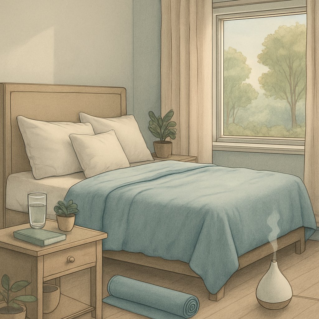 A peaceful bedroom with a made bed, bedside table with a glass of water and plant, a yoga mat in the corner, and a view of trees through the window.