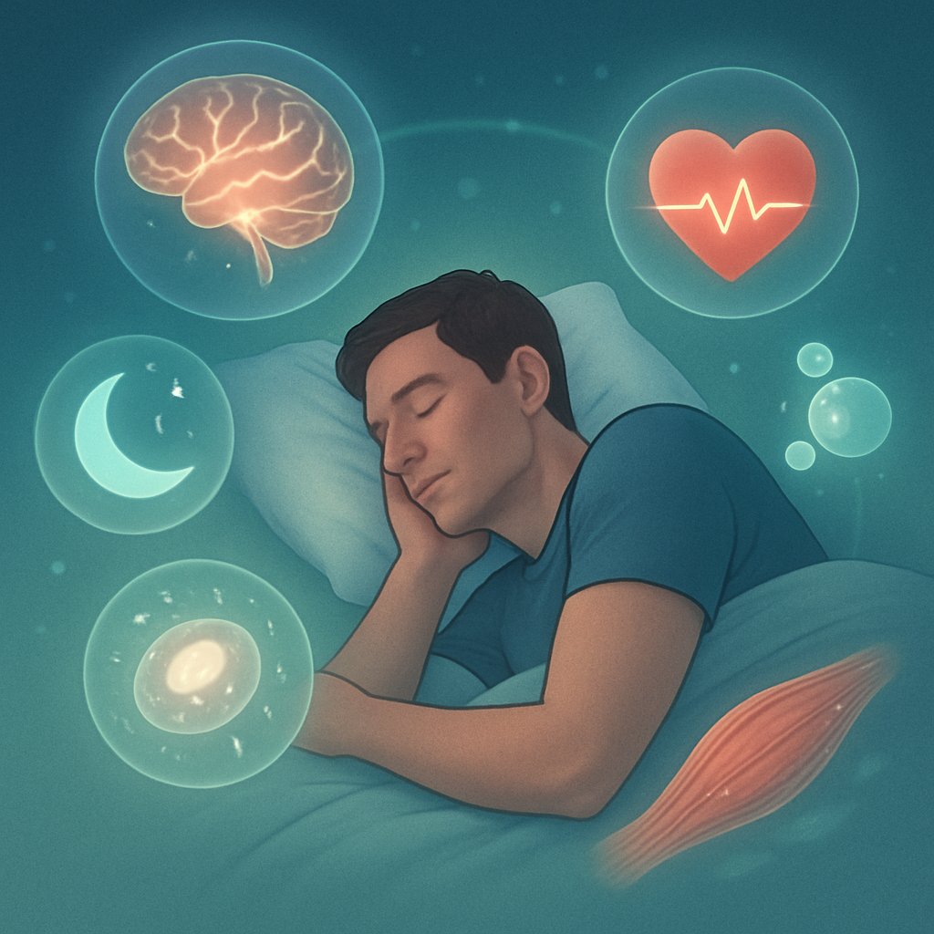 A person lying peacefully on a bed surrounded by illustrations of brain activity, heart function, muscle repair, and energy restoration symbolizing rest and recovery processes.