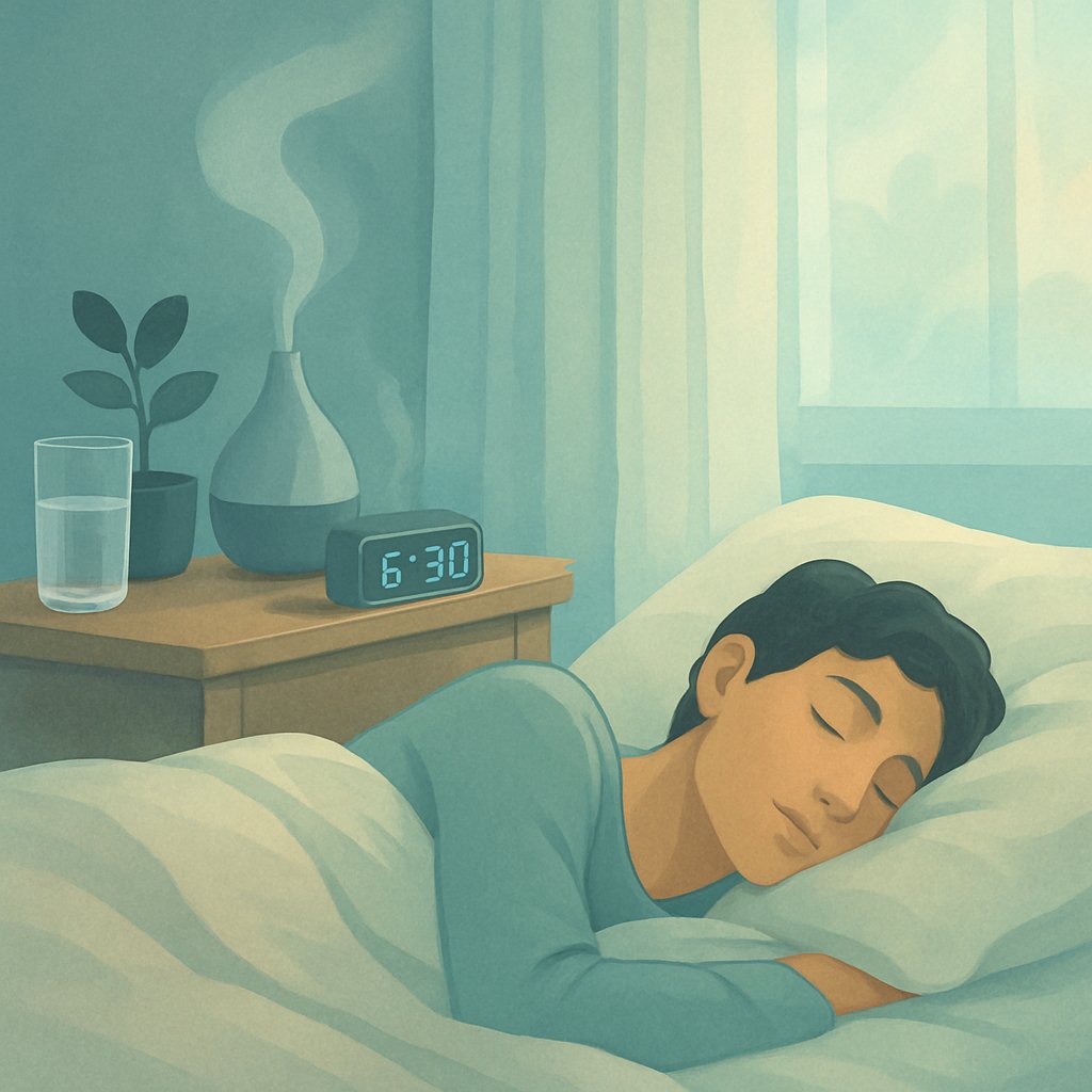 A person peacefully sleeping in a softly lit bedroom with a bedside table holding a glass of water and a plant, creating a calm and restful atmosphere.