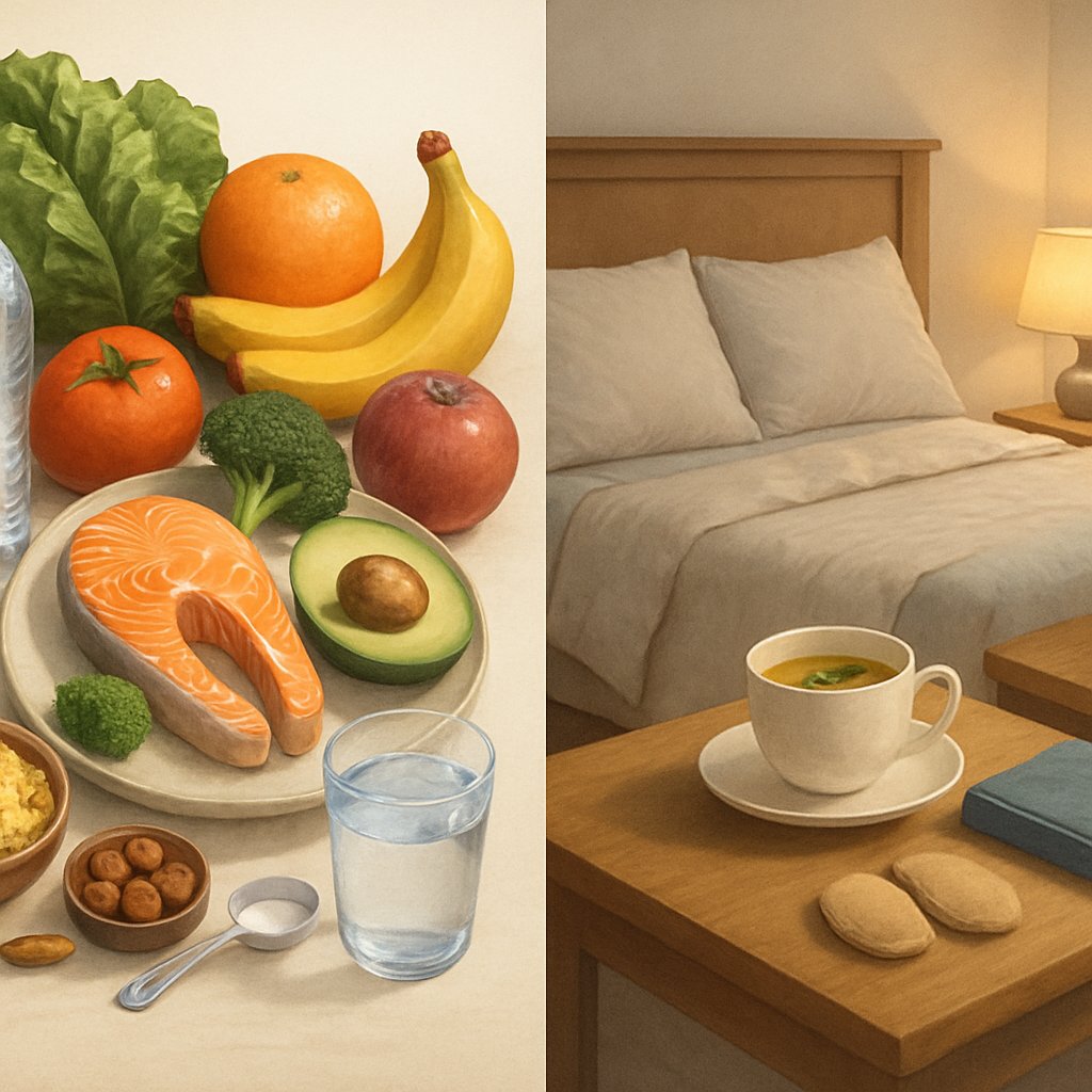 An illustration showing healthy foods and a glass of water on one side, and a peaceful bedroom with a bed, lamp, and tea on the other side, representing nutrition, hydration, rest, and recovery.