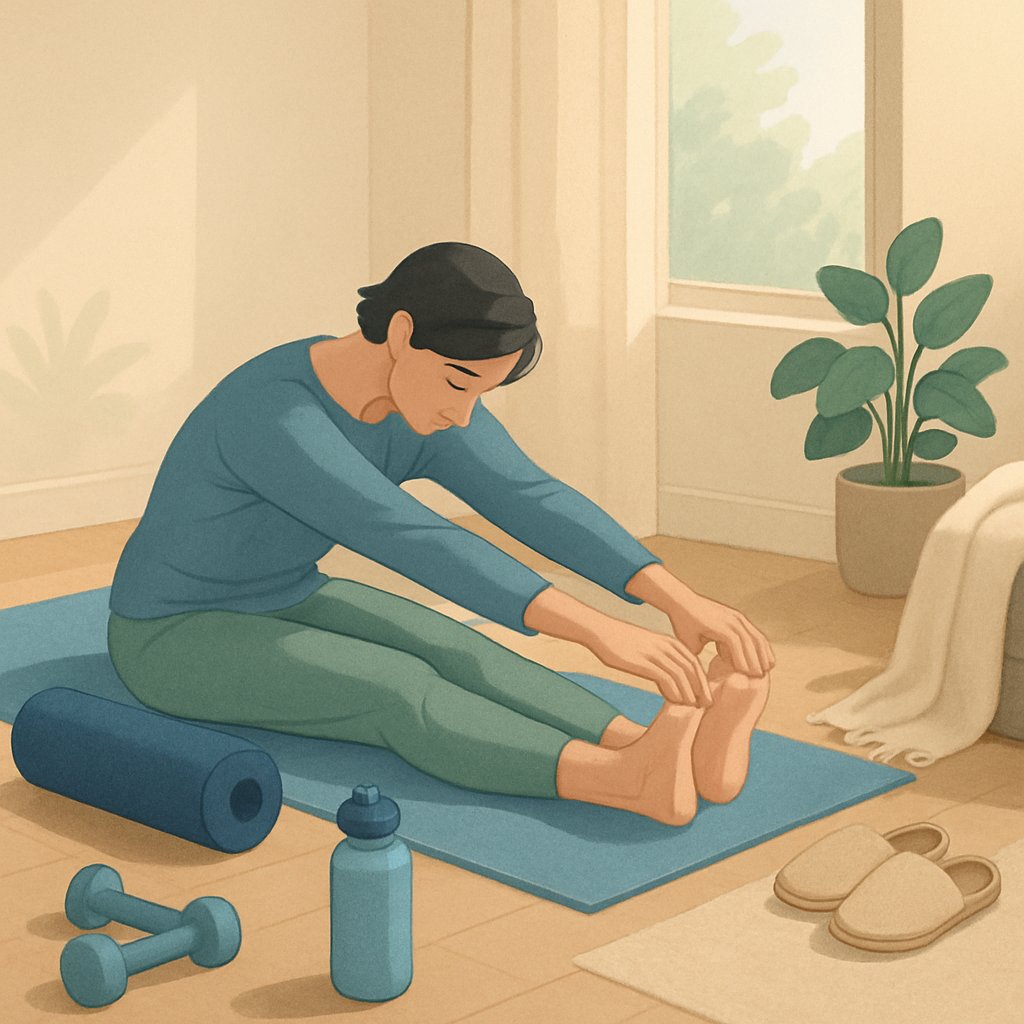 A person gently stretching on a yoga mat indoors, surrounded by recovery items like a water bottle, foam roller, slippers, and a blanket near a window with natural light.