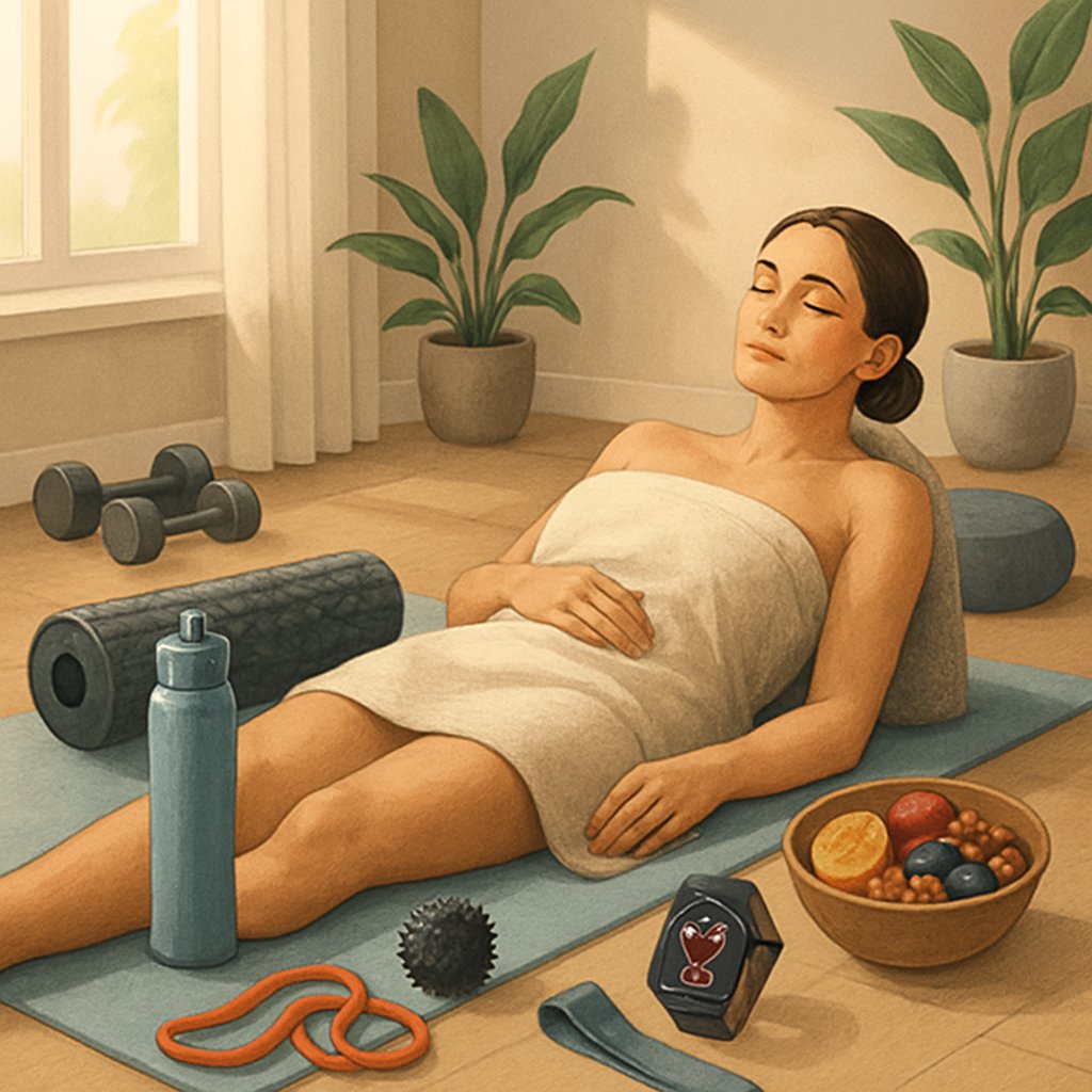 A person resting on a yoga mat surrounded by fitness recovery tools like a foam roller, water bottle, and massage ball in a calm indoor setting with plants and natural light.