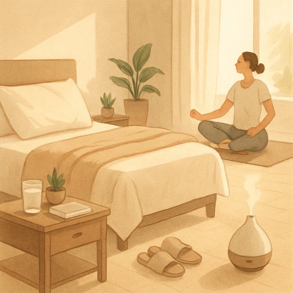 A peaceful bedroom scene with a made bed, a person meditating, a bedside table with a plant and water, and soft natural light coming through a window.