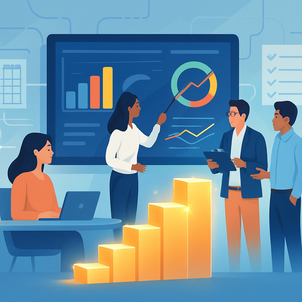 A group of professionals analyzing charts and graphs on a large digital dashboard in an office, with ascending blocks symbolizing progress and advancement.