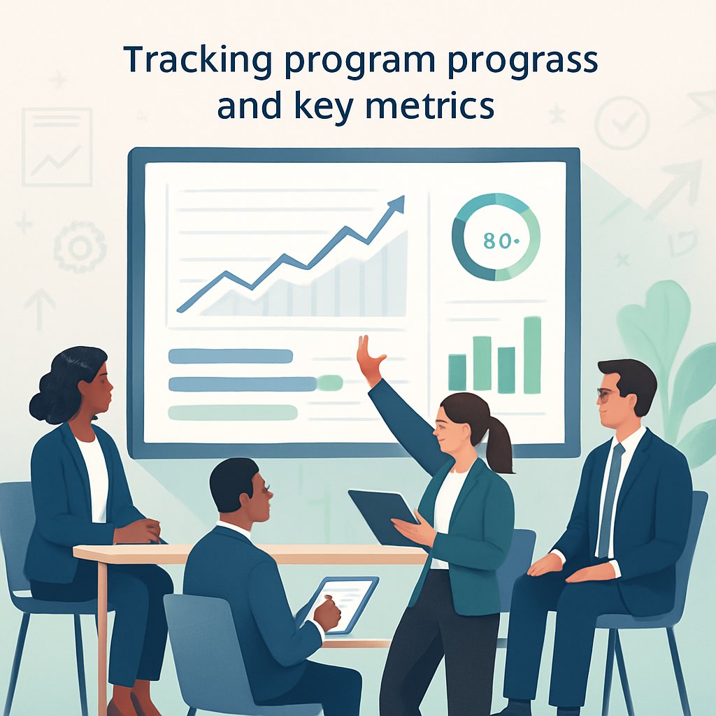 A group of professionals reviewing charts and graphs on a large digital dashboard in a modern office setting.