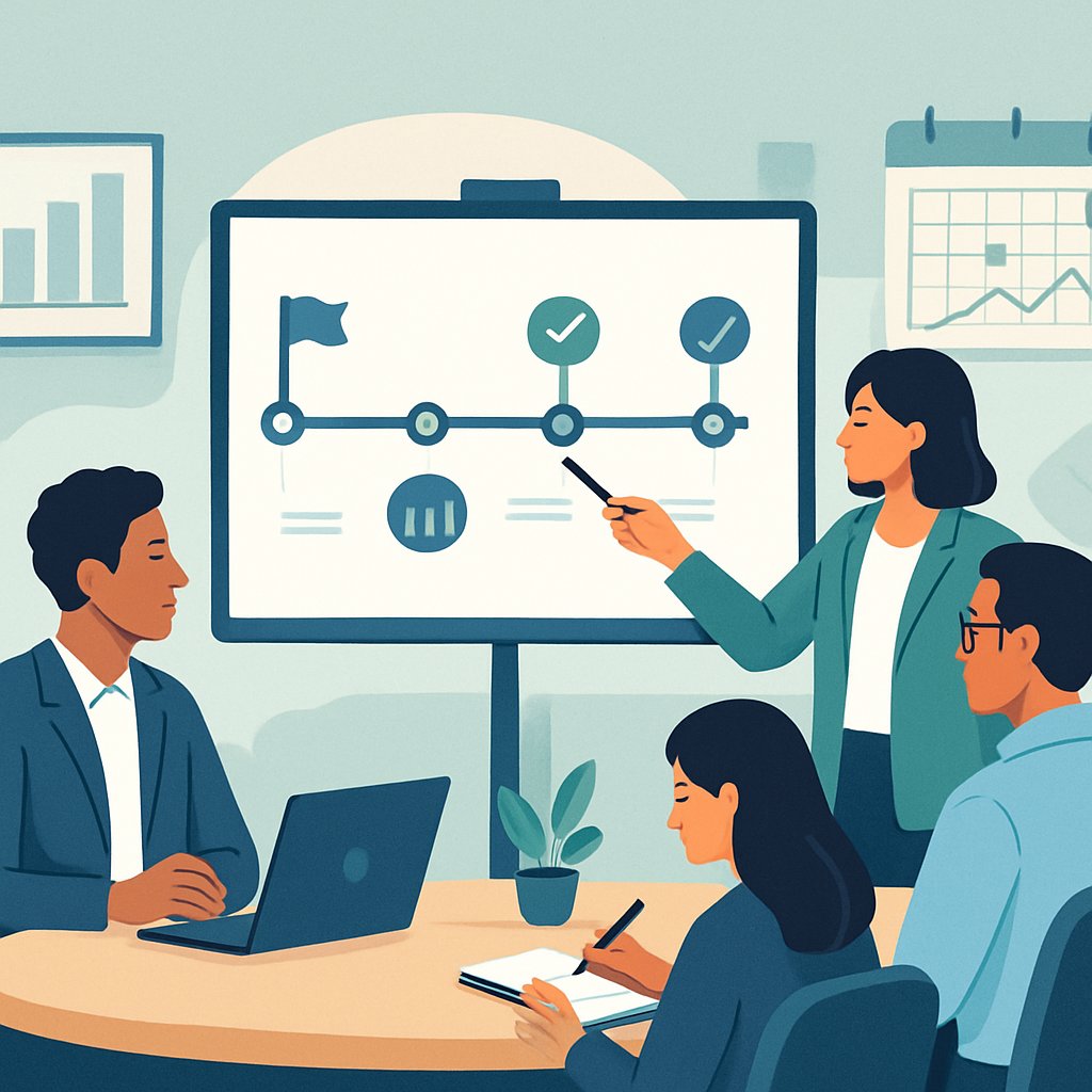 A group of professionals collaborating around a digital screen showing a timeline with milestones, charts, and graphs in an office setting.