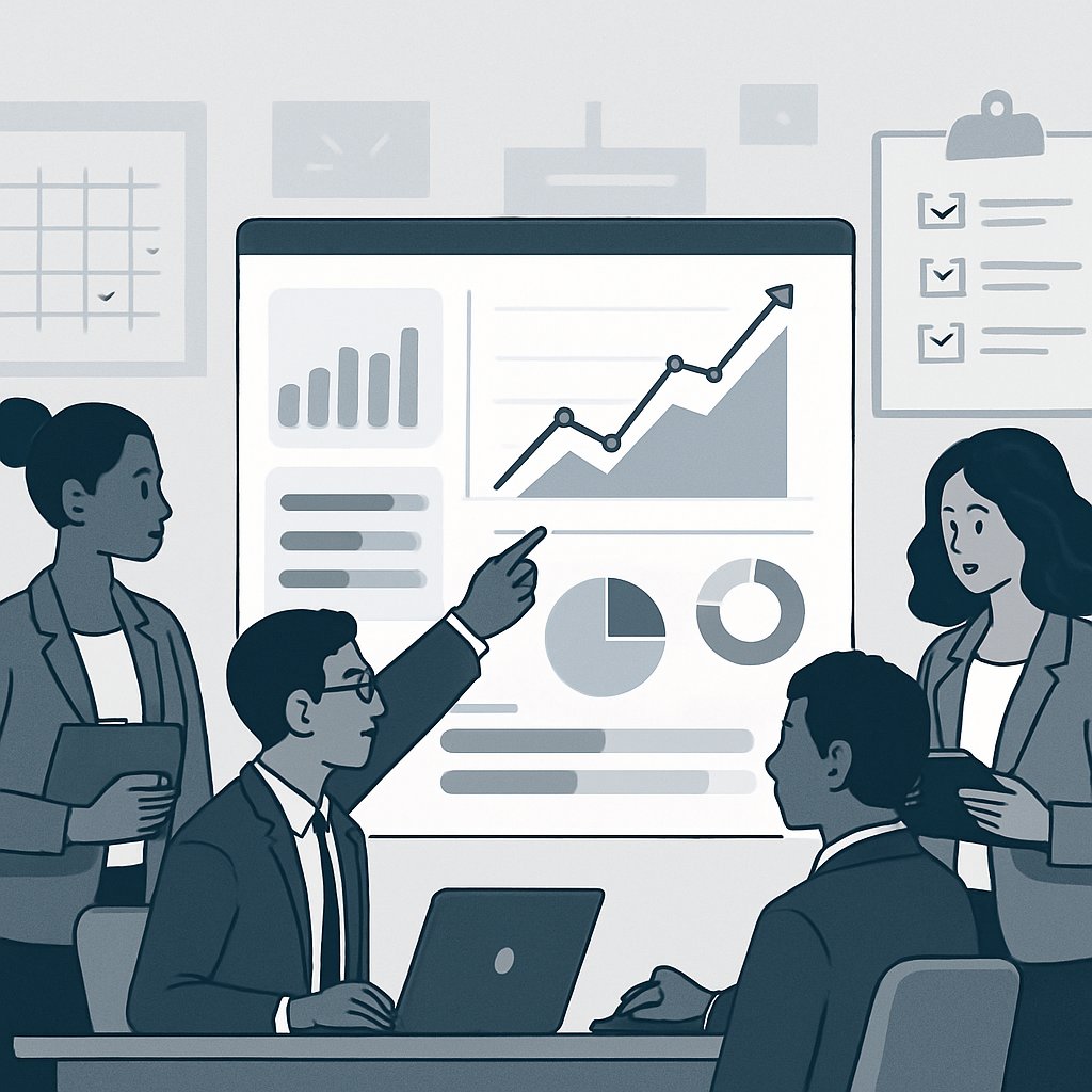 A group of professionals collaborating around a digital dashboard displaying charts and graphs to monitor progress in an office setting.