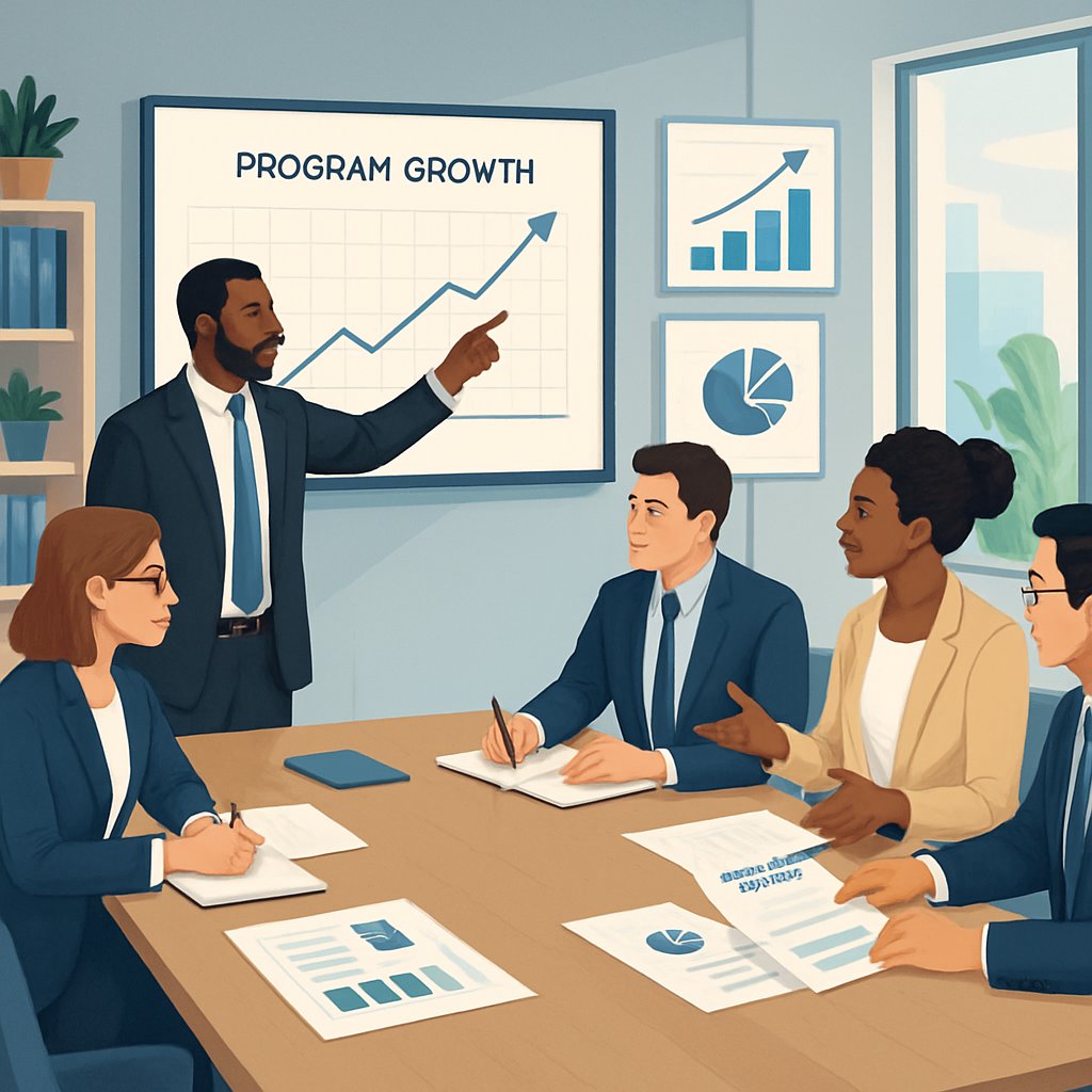 A group of professionals collaborating in a meeting room, reviewing charts and progress reports on screens and papers.