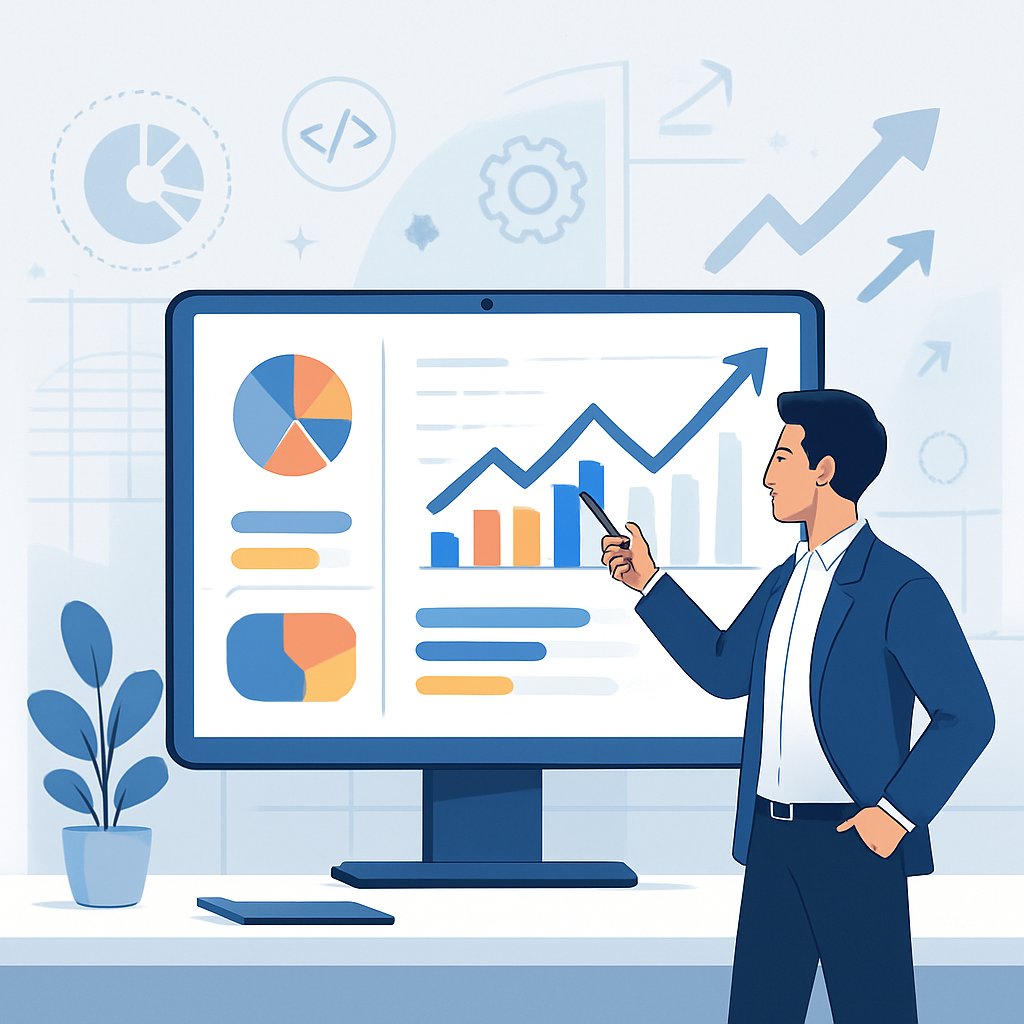 A person interacting with a digital dashboard showing charts and progress bars in a modern office workspace.