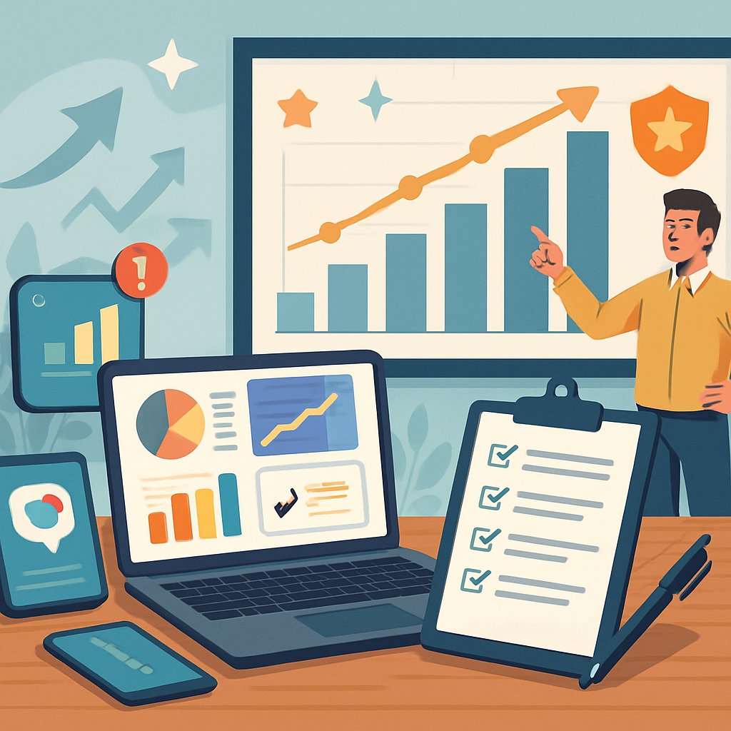 A person pointing at a progress board with charts and checklists on a desk showing program tracking and growth.