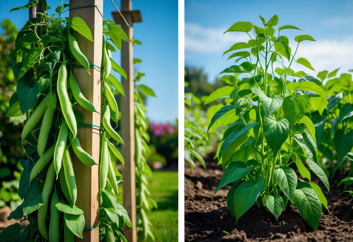 Two garden scenes showing climbing pole lima bean plants on poles and compact bush lima bean plants growing in soil.