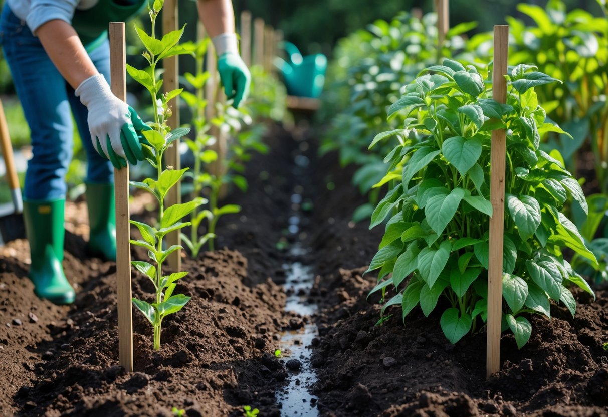 A garden bed with prepared soil, pole lima bean plants climbing wooden stakes, and bush lima bean plants growing nearby, surrounded by gardening tools.