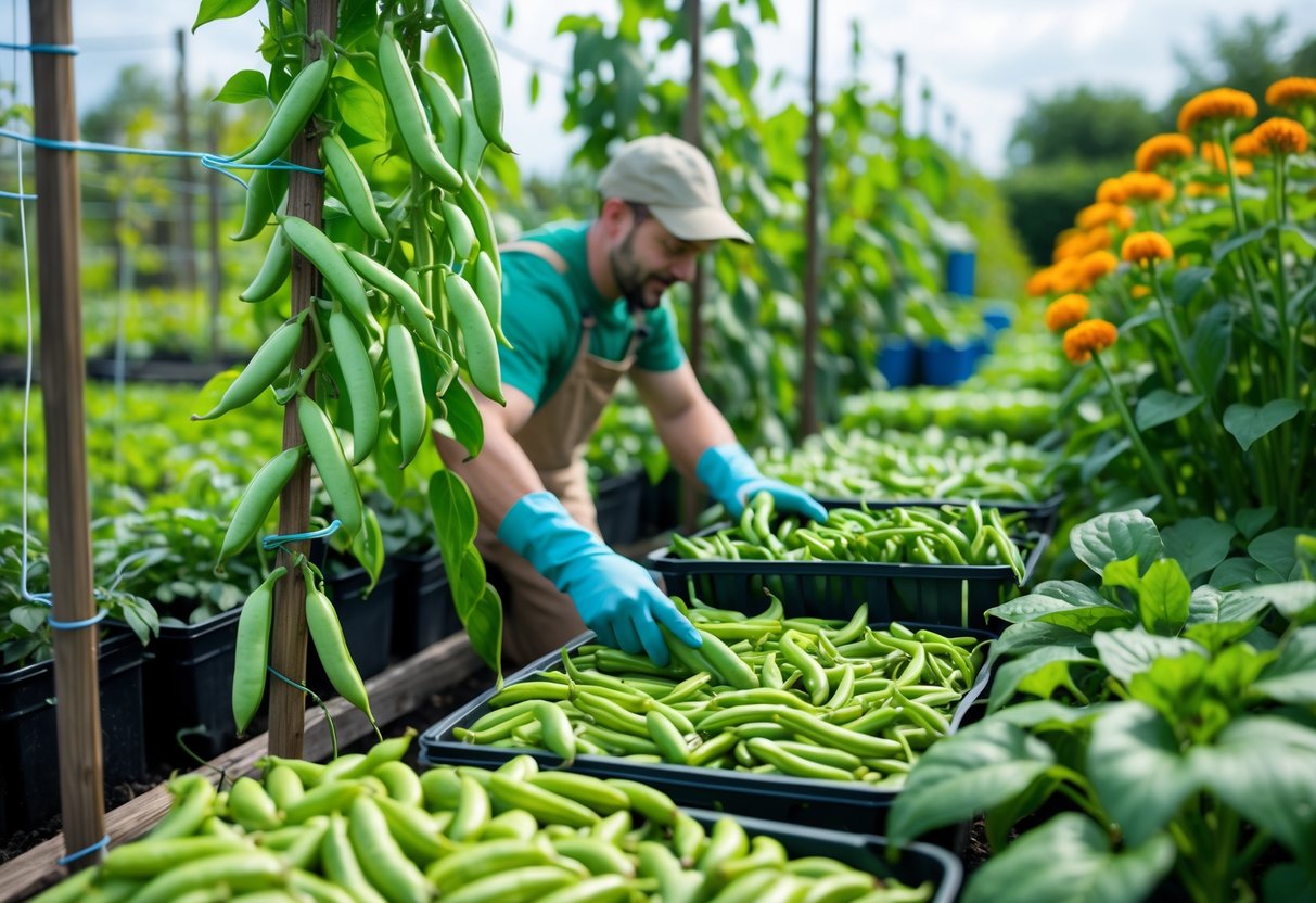 A gardener harvesting ripe pole and bush lima beans in a green garden with trellises, containers of beans, and natural pest control plants.