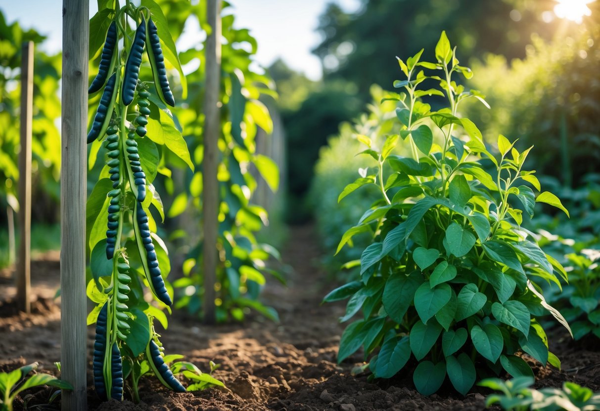 A garden showing tall pole lima bean plants climbing wooden poles and shorter bush lima bean plants growing close to the ground with green leaves and pods.