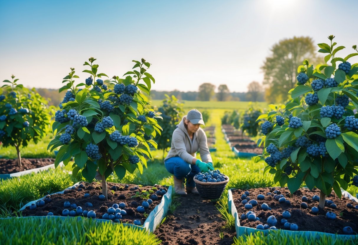 A gardener inspecting ripe blueberry bushes in a sunny outdoor garden with rows of plants and a clear blue sky.